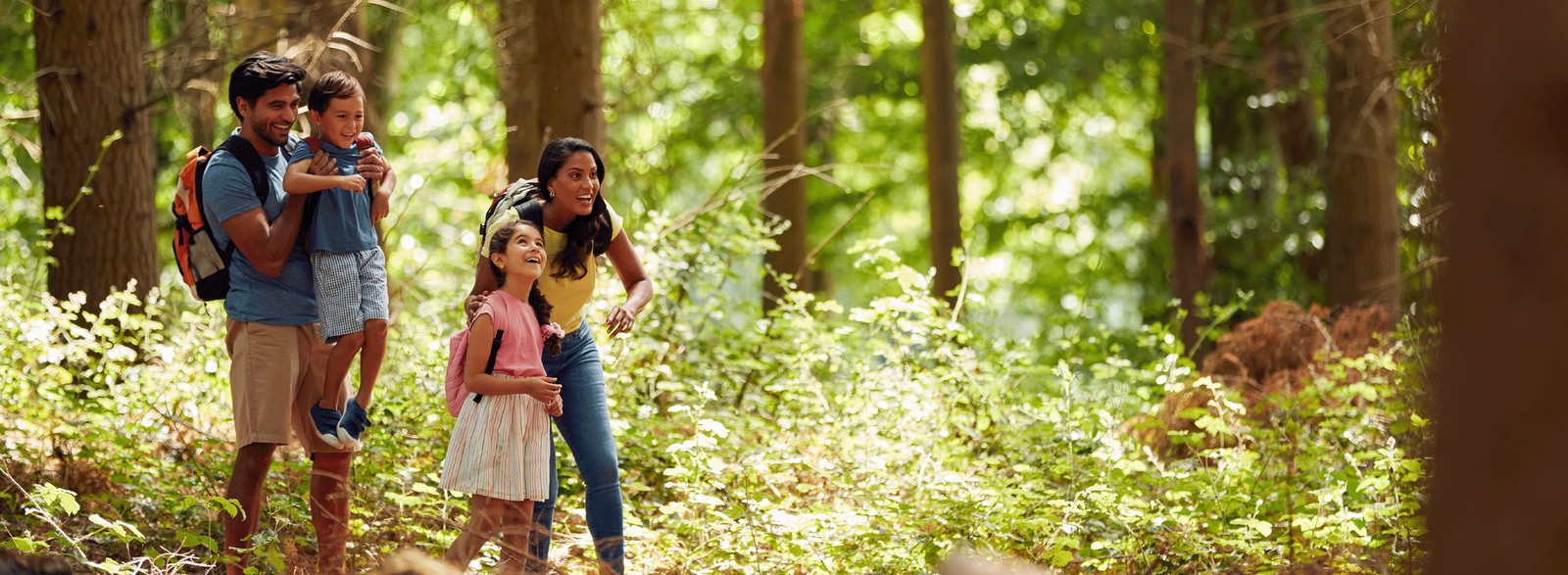 family in woods